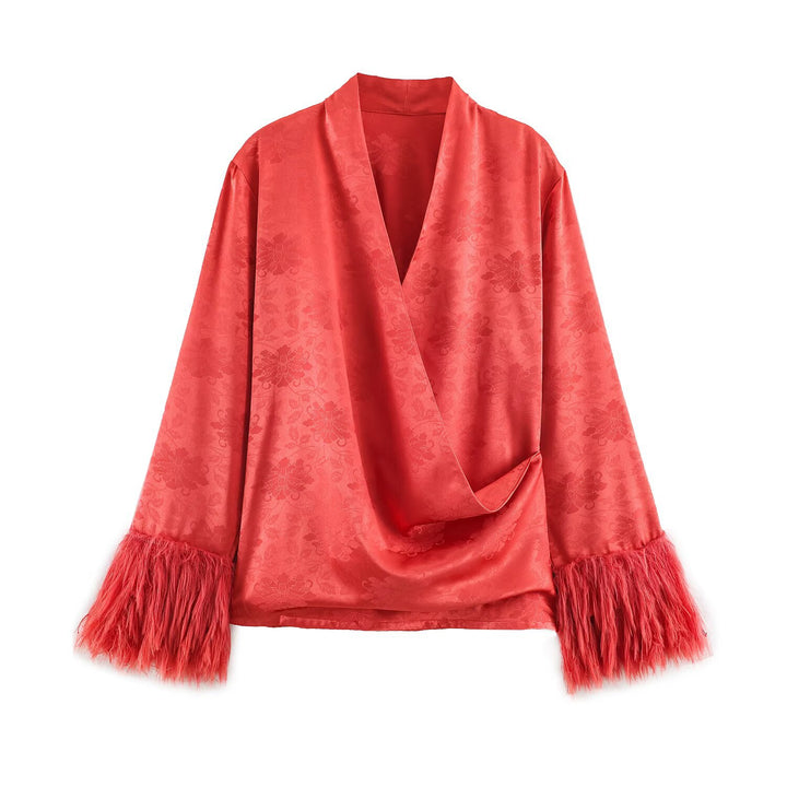 Damen Kimono-Wickelbluse aus Jacquard mit Federrüschensäumen Echo Archiv