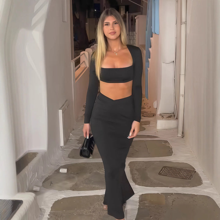 Damen Elegantes Set aus Crop-Top und Maxirock mit transparentem Detail Echo Archiv