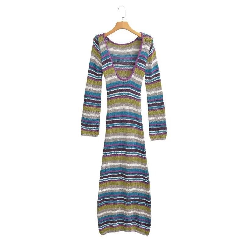 Damen Gestreiftes Rippstrick-Maxikleid mit Rundhalsausschnitt und figurbetonter Silhouette Echo Archiv