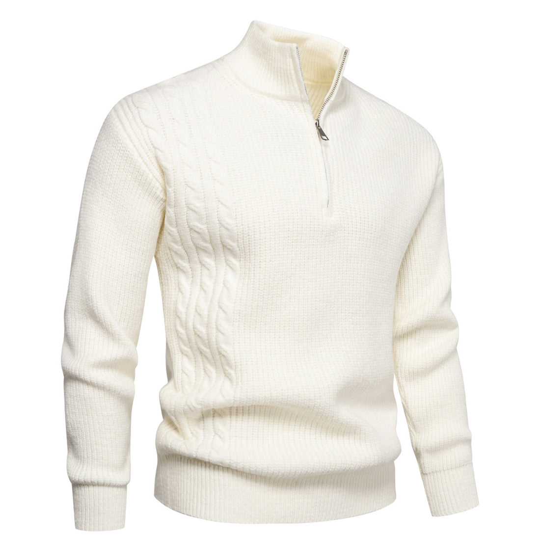 Herren Feinstrick-Halbzip-Pullover mit Stehkragen, Rippstruktur und Schulter-Zopfdetail Echo Archiv