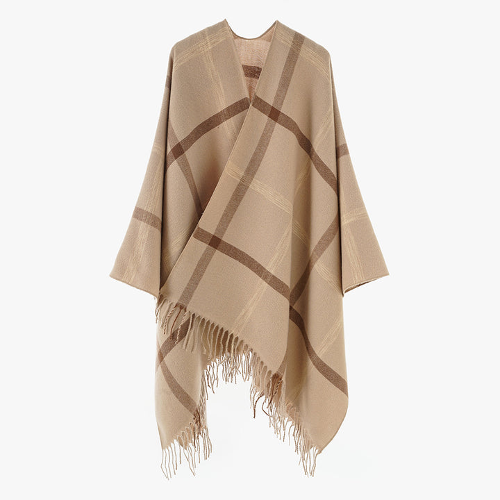Damen Weit geschnittener Karierter Poncho mit Fransen und V‑Ausschnitt – Avérine