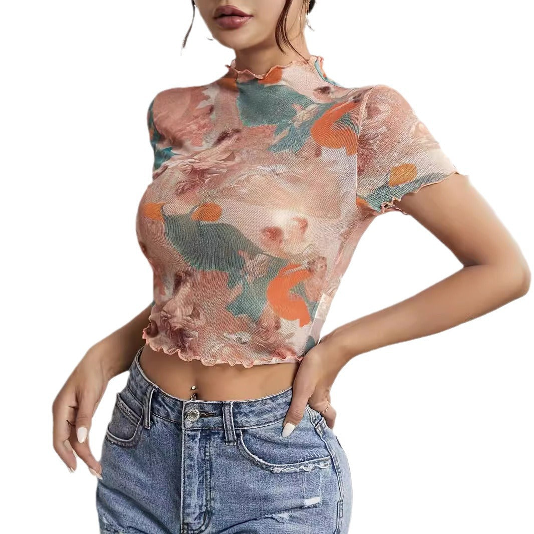 Damen nan figurnahes transparentes Mesh-Top mit barockem Engeldruck, Stehkragen und Kräuselsaum Echo Archiv