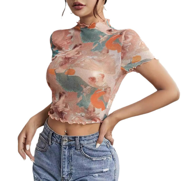 Damen nan figurnahes transparentes Mesh-Top mit barockem Engeldruck, Stehkragen und Kräuselsaum Echo Archiv
