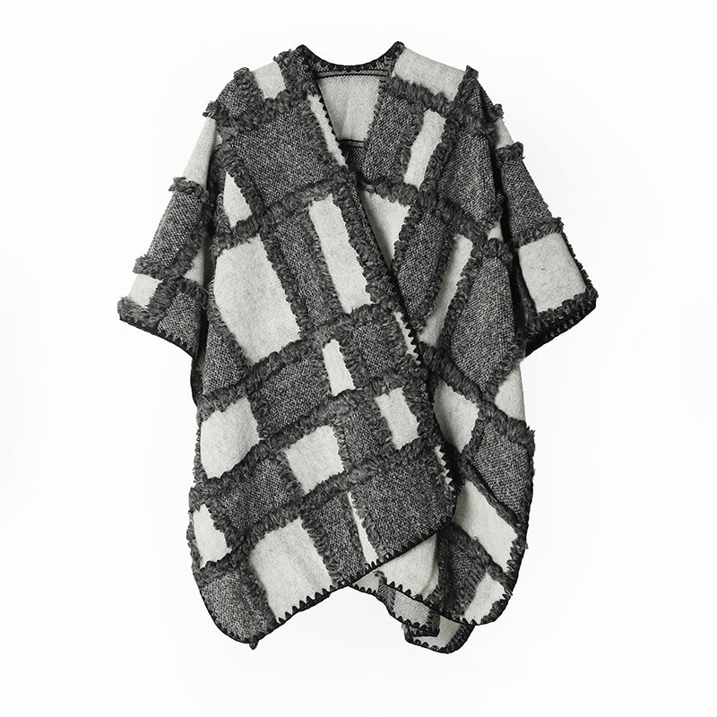 Damen Oversize-Cape aus Wollmix mit strukturierter Karo‑Jacquard‑Optik und offener Front – Avérine