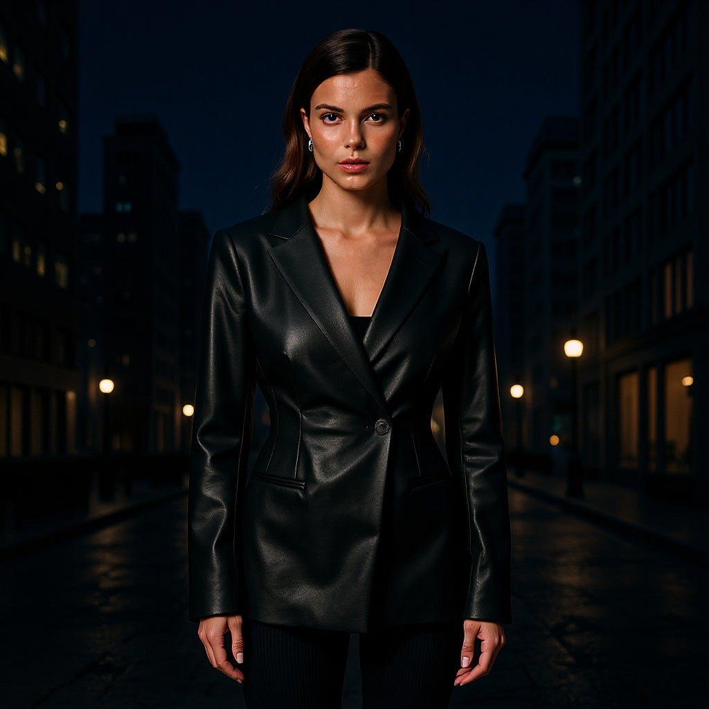 Damen Figurnaher Blazerjacke in Lederoptik mit Single‑Button und konturierenden Abnähern Echo Archiv