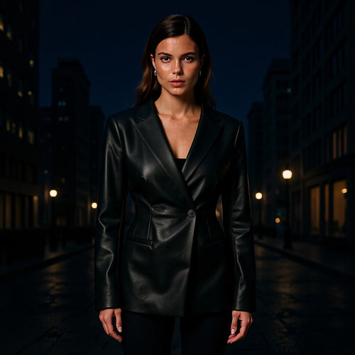 Damen Figurnaher Blazerjacke in Lederoptik mit Single‑Button und konturierenden Abnähern Echo Archiv