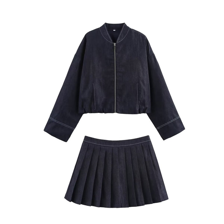 Damen Cropped Denim-Bomberjacke mit überschnittenen Ärmeln und Kontrastnaht Echo Archiv