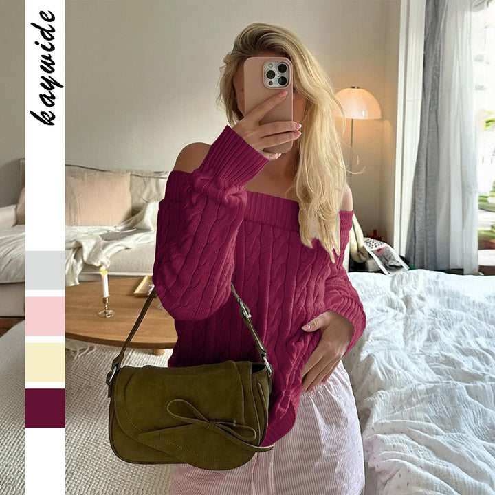 Damen oversized schulterfreier Zopfstrickpullover mit geripptem Ausschnitt und Ballonärmeln – Mavelle