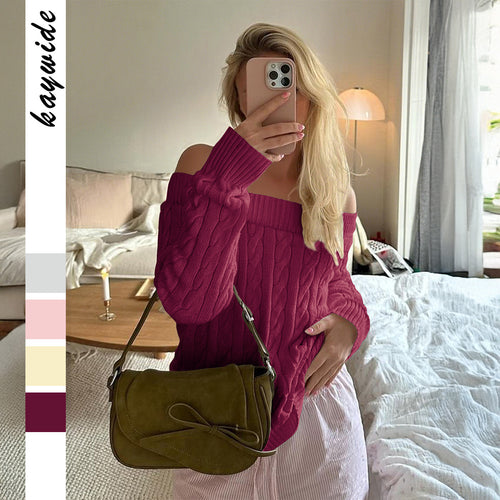 Damen oversized schulterfreier Zopfstrickpullover mit geripptem Ausschnitt und Ballonärmeln – Mavelle