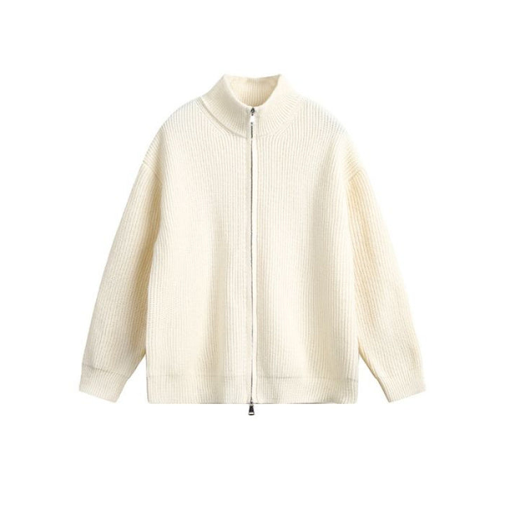 Unisex Oversized Strick-Zipjacke mit Stehkragen und Rippbündchen Echoarchiv