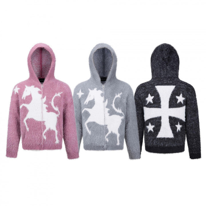 Unisex Flauschiger Kapuzenpullover mit Einhorn-Motiv und durchgehendem Reißverschluss Echo Archiv