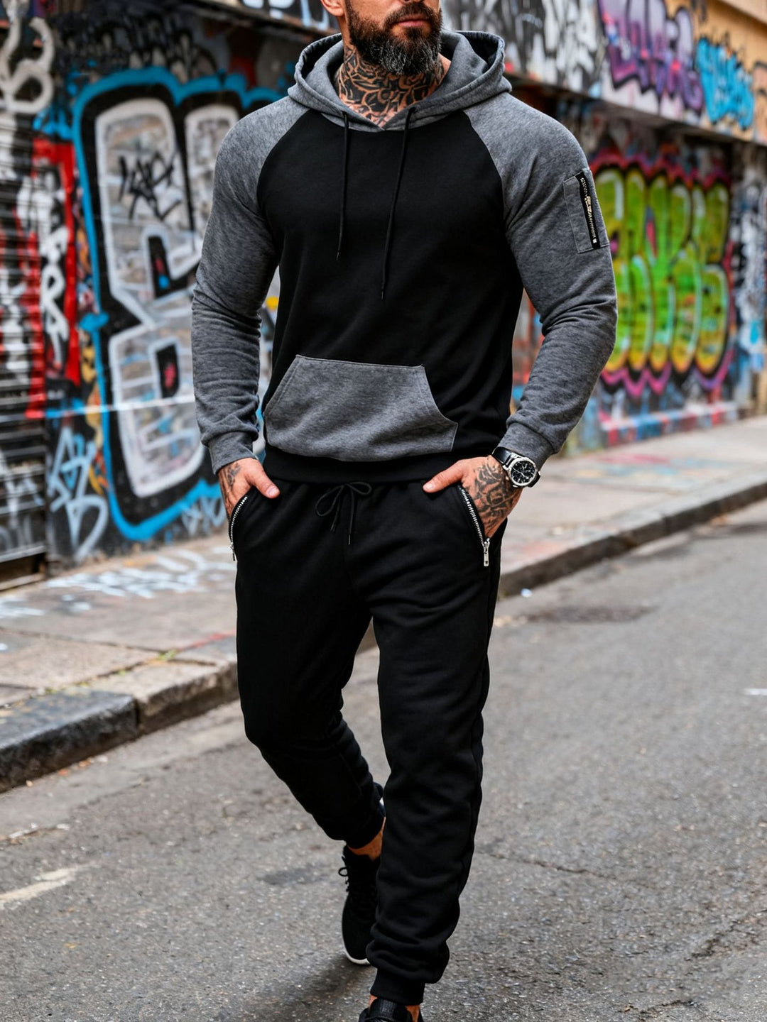 Herren nan zweiteiliges Kapuzen-Sweatset mit Raglanärmeln, Ärmel-Zip-Tasche und tapered Jogginghose Echo Archiv