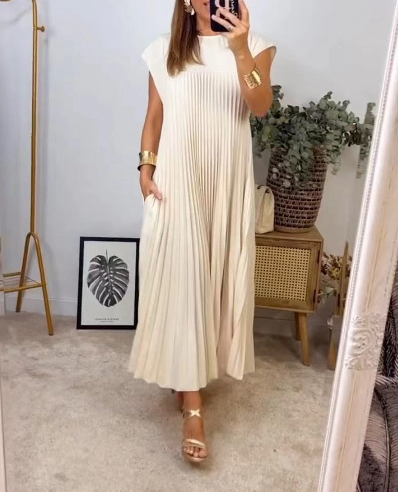 Damen nan fließendes plissiertes Maxikleid mit überschnittenen Schultern und Eingrifftaschen Echo Archiv