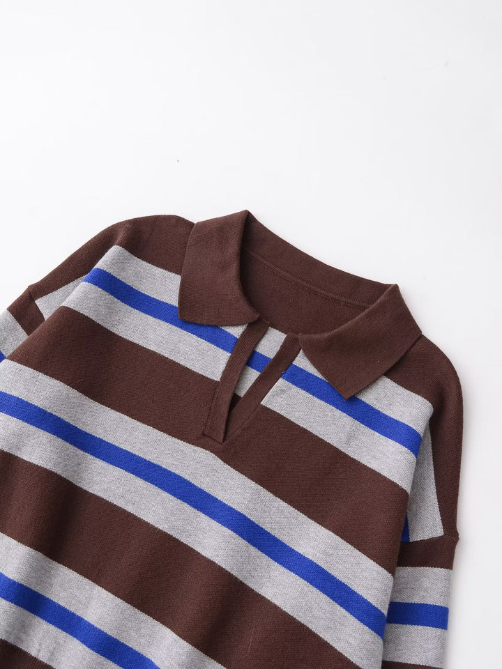 Damen Gestreifter Polokragen-Pullover im Cropped‑Oversize‑Schnitt aus Feinstrick Echoarchiv