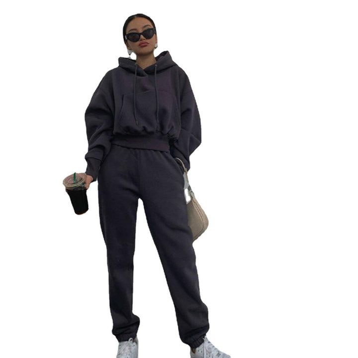 Damen kurzes Oversize-Kapuzenpullover-Set mit elastischer High-Waist-Jogginghose aus Baumwollfleece – Auréline