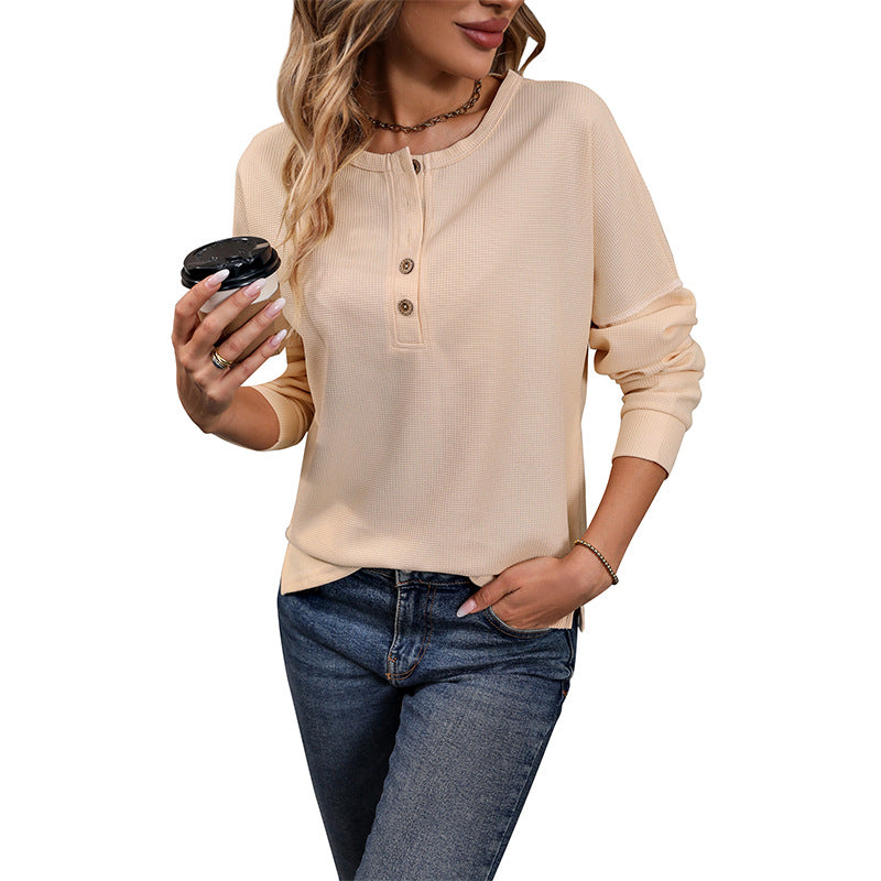 Damen Langärmeliges Waffelstrick-Henleyshirt mit Knopfleiste Echoarchiv