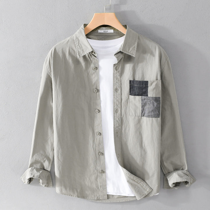 Herren Leichtes Baumwoll-Oversizehemd mit geometrischer Brustpatch-Tasche Echoarchiv