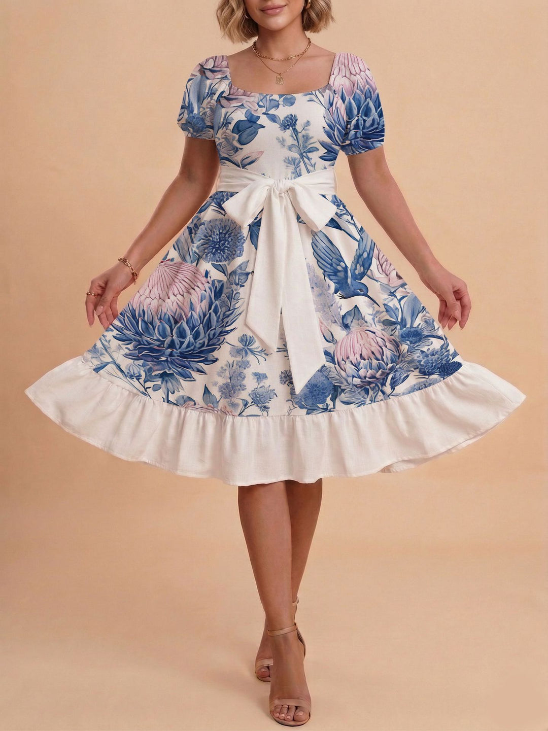 Damen Retro Maxikleid mit Puffärmeln und Taillengürtel Echo Archiv