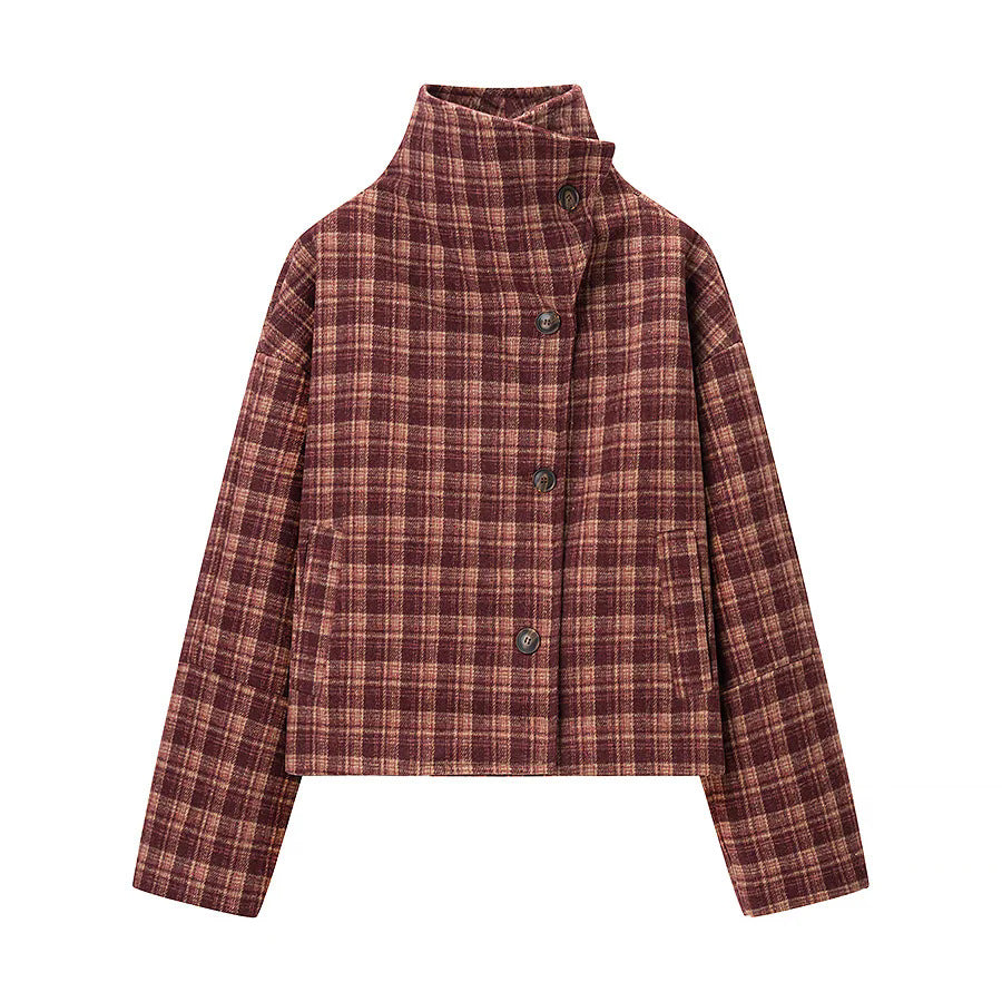 Damen boxy kurze Karo-Steppjacke mit hoher Kragenblende, asymmetrischer Knopfleiste und wattierter Innenlage – Célinea