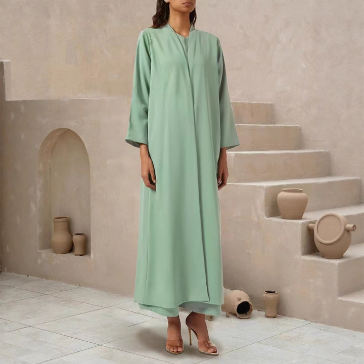 Damen Fließender Maxi-Kaftan-Mantel mit offenem Vorderteil und minimalistischem Stehkragen – Valéora