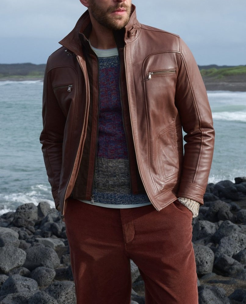 Herren lässige Lederjacke mit modernem Stehkragen und vielseitigen Taschen Echoarchiv