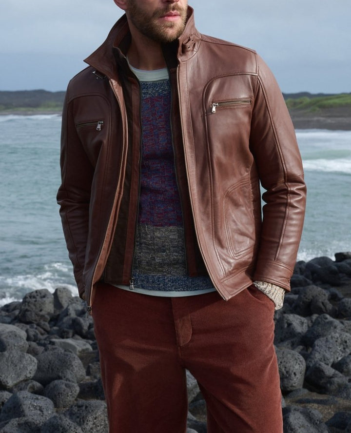 Herren lässige Lederjacke mit modernem Stehkragen und vielseitigen Taschen Echoarchiv