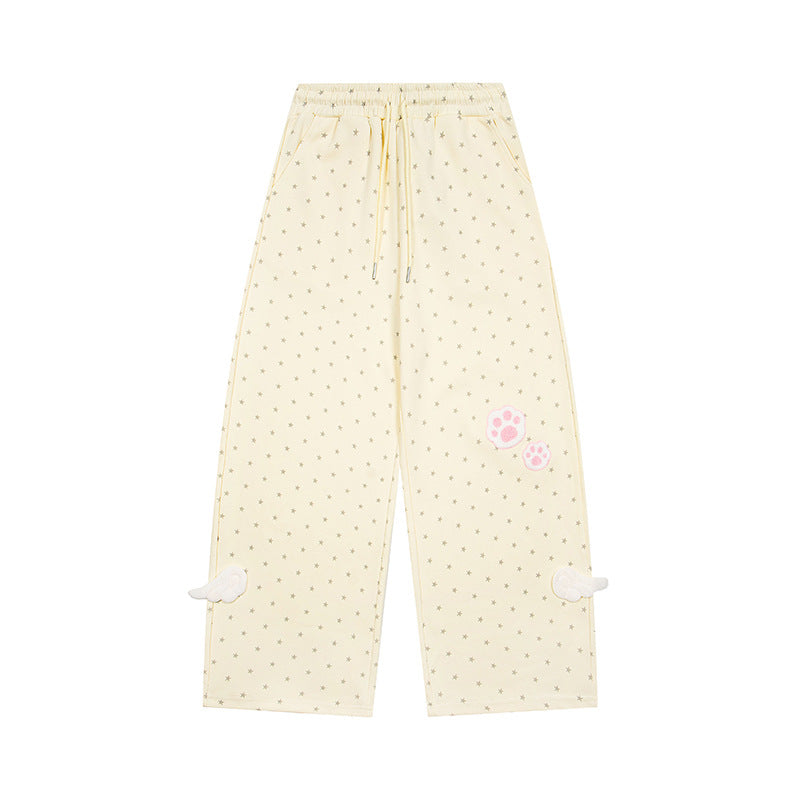 Damen Weite Lounge-Hose mit elastischem Bund, Sternenallover und Pfoten-Applikation Echoarchiv
