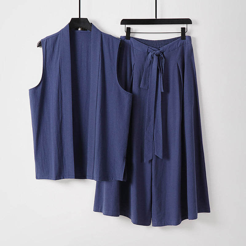 Damen Ärmellose Kimono-Weste und Hochtaillierte Culotte-Hose mit Bindegürtel Echoarchiv