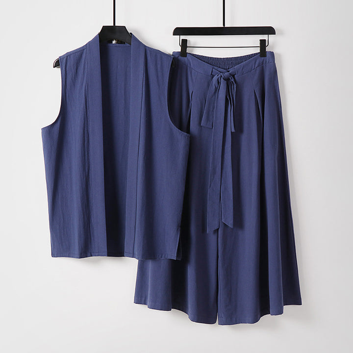 Damen Ärmellose Kimono-Weste und Hochtaillierte Culotte-Hose mit Bindegürtel Echoarchiv