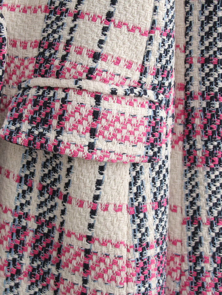 Damen Bouclé-Tweed Longblazer mit Doppelreihigem Verschluss und Pattentaschen – Célinea