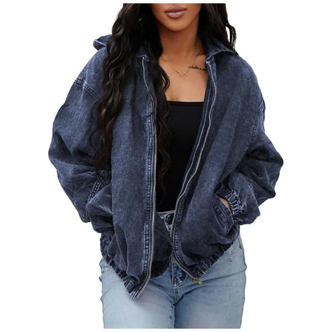 Damen Oversize Jeansjacke mit Kapuze, Reißverschluss und gerafftem Saum Echoarchiv
