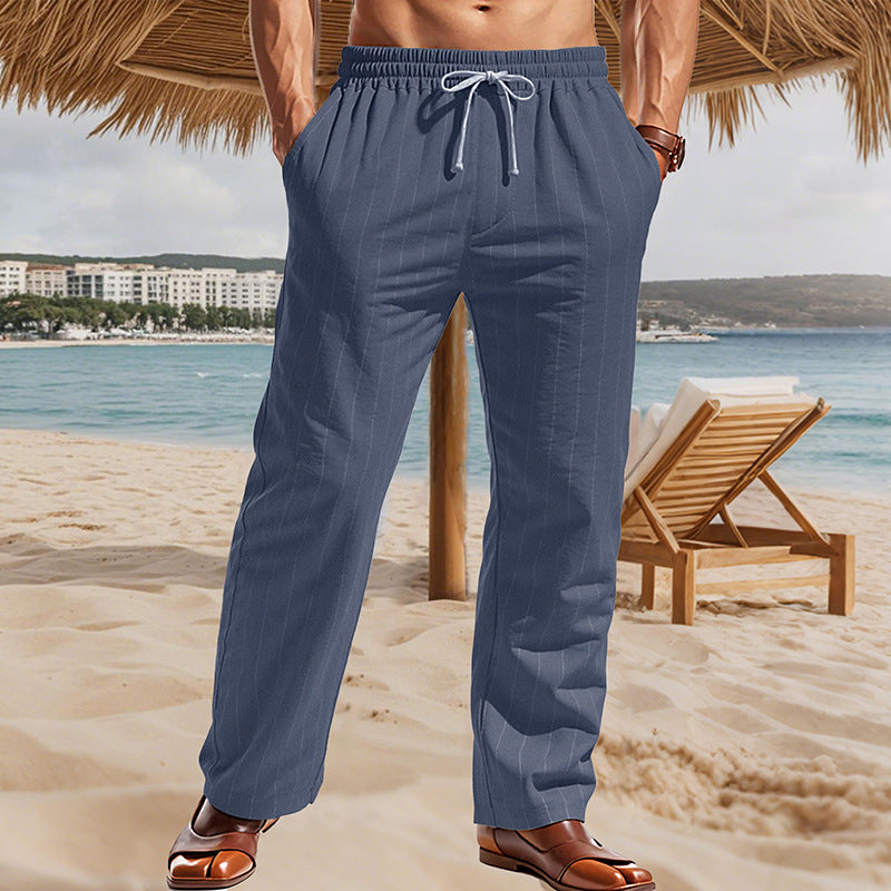 Herren Maritime Leinenoptik-Freizeithose mit Nadelstreifen elastischem Bund und seitlichen Eingrifftaschen – Sorevano