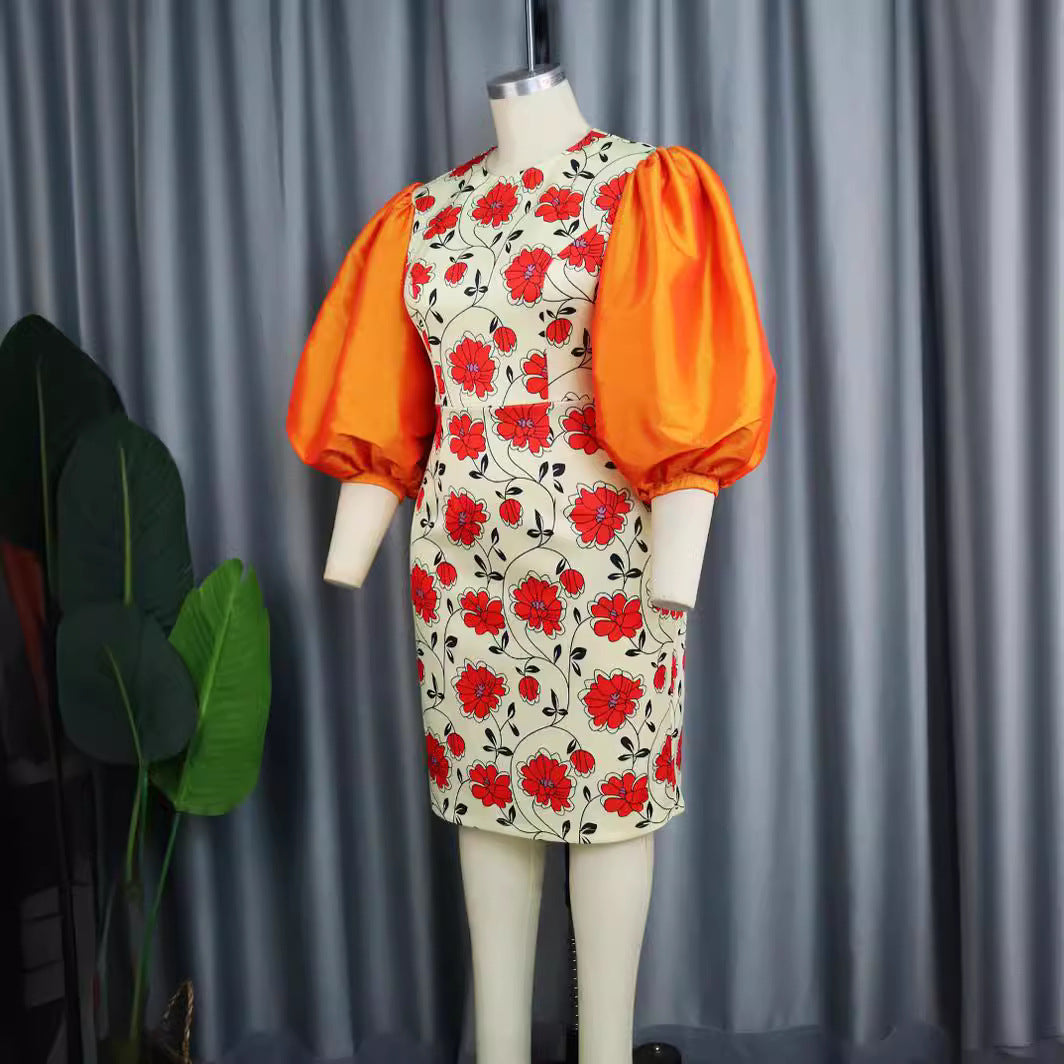 Damen figurbetontes Kleid mit voluminösen Puffärmeln und floralem Design Echo Archiv