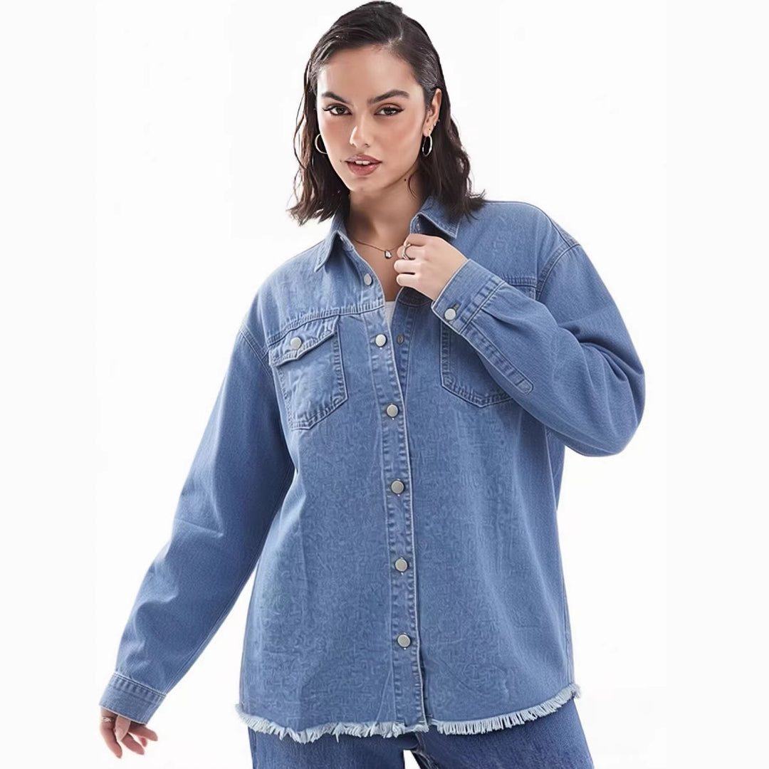 Damen Denim-Bluse im lässigen Schnitt mit Fransen und aufgesetzten Taschen Echo Archiv