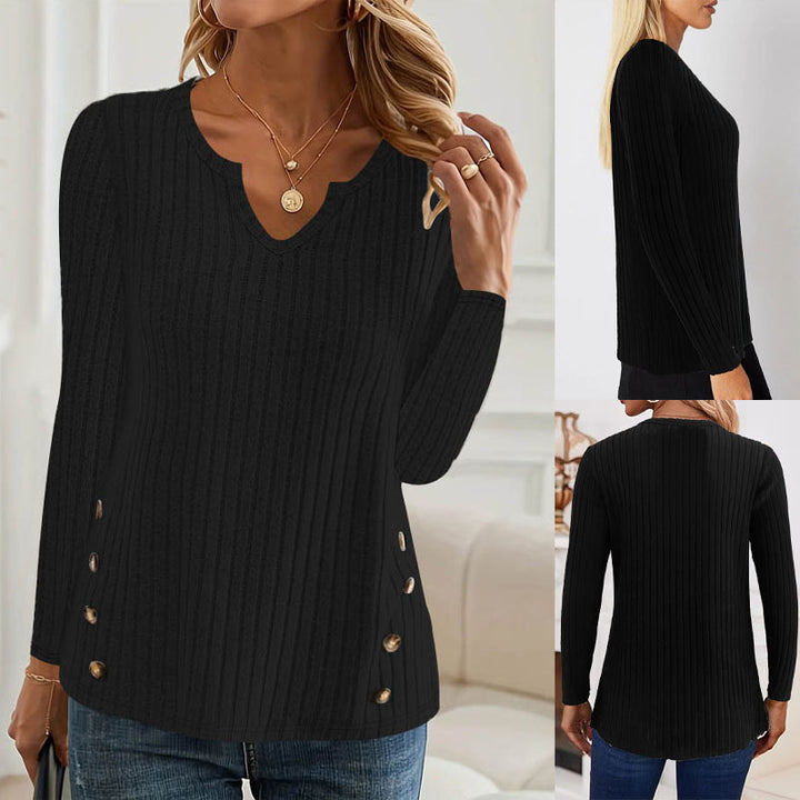 Damen Gerippter Feinstrickpullover mit V-Notch-Ausschnitt und seitlichen Zierknöpfen Echoarchiv