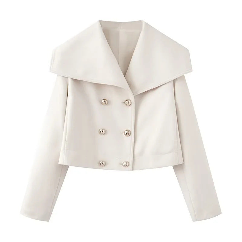 Damen cropped marineinspirierter Kurzmantel-Blouson mit übergroßem Schalkragen und dekorativer Doppelknopfleiste – Célinea