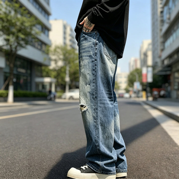 Herren Lässige Weit Geschnittene Ripped Jeans Echoarchiv