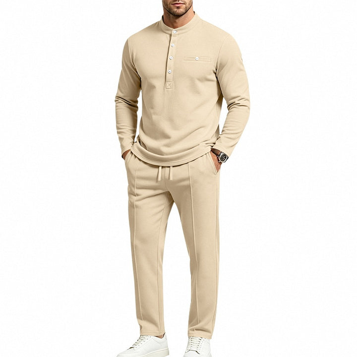 Herren Zweiteiliges Freizeitset mit Henley-Langarmshirt, Stehkragen und Komfort-Jogginghose – Sorevano