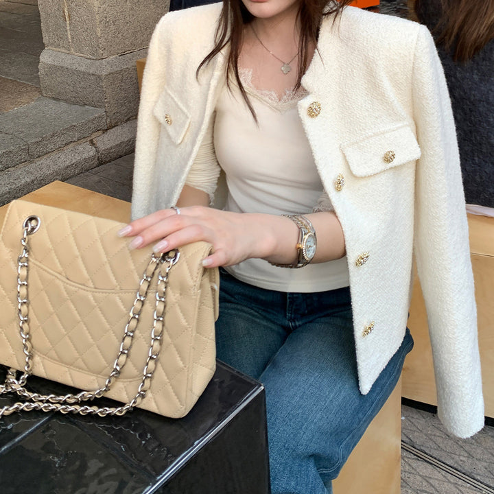 Damen Elegante Tweedjacke mit goldenen Knöpfen Echoarchiv