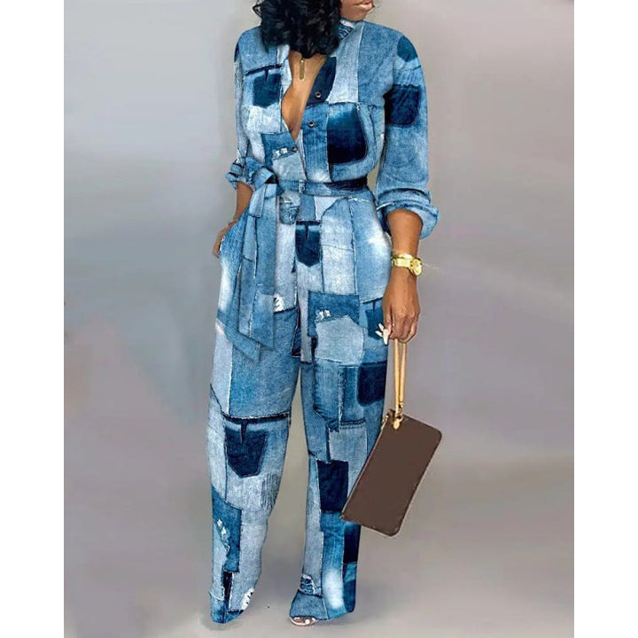 Damen Denim Jumpsuit mit modischem Patchwork-Design und praktischen Taschen Echoarchiv