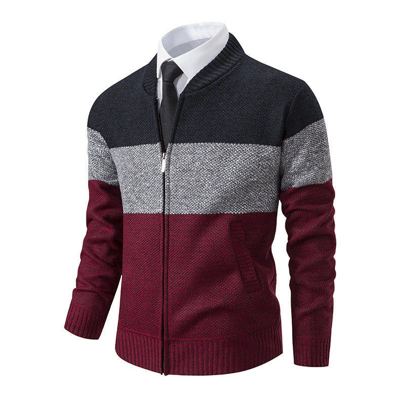 Herren Strukturierte Blockstreifen‑Strickjacke mit Frontzip, Stehkragen und Eingrifftaschen Echo Archiv
