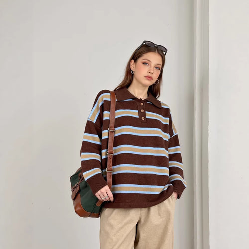 Damen Gestreifter Oversize-Strickpullover mit Polokragen und Rippbündchen Echoarchiv