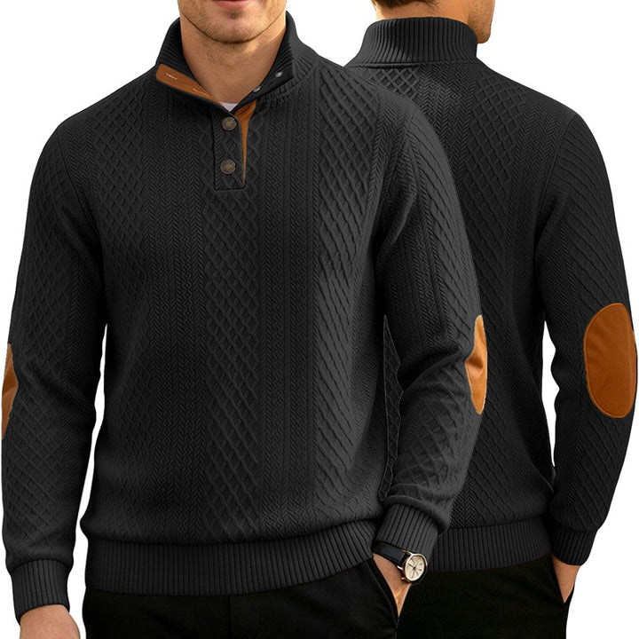 Herren Kabelstrick Troyer Pullover mit Stehkragen und Lederoptik-Ellbogen-Patches – Norvane