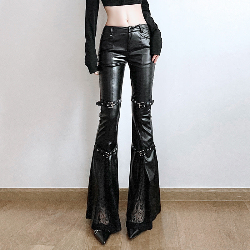 Damen Modische Kunstleder Flared Hose mit verstellbarem Bund Echo Archiv