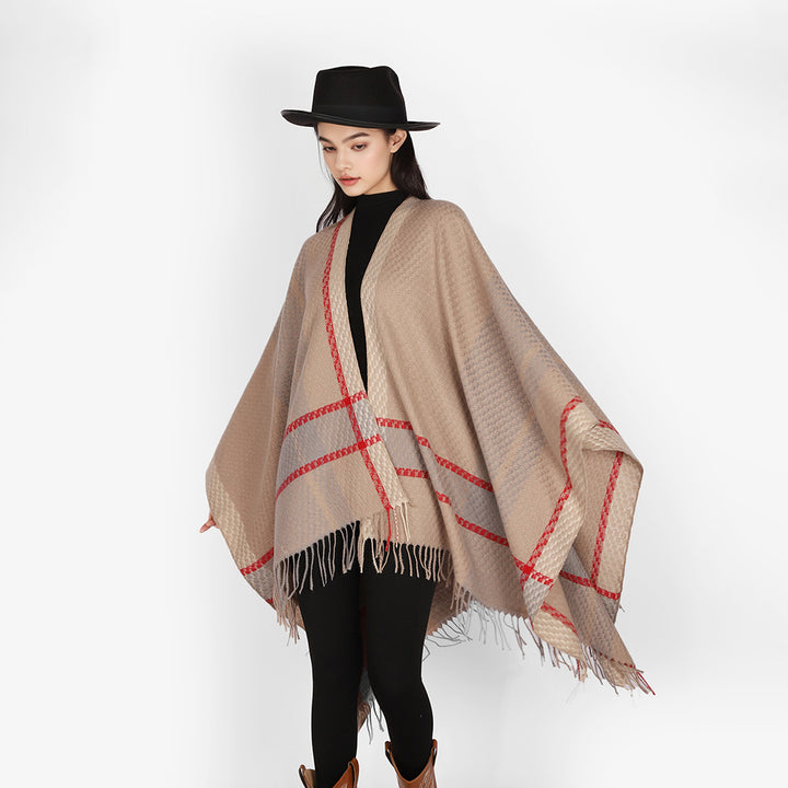 Damen Oversize Capeponcho aus Wollmix mit Karomuster und Fransensaum – Avérine
