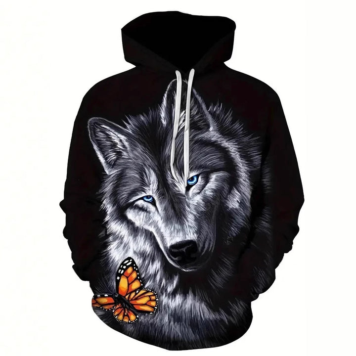 Damen Kapuzenpullover mit Wolf- und Schmetterlingsmotiv Echoarchiv
