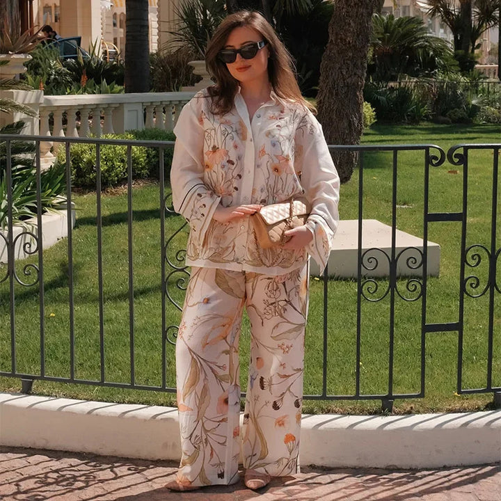 Damen nan weite Leinenhose mit hohem Bund, Palazzoschnitt und floraler Aquarell-Print Echo Archiv