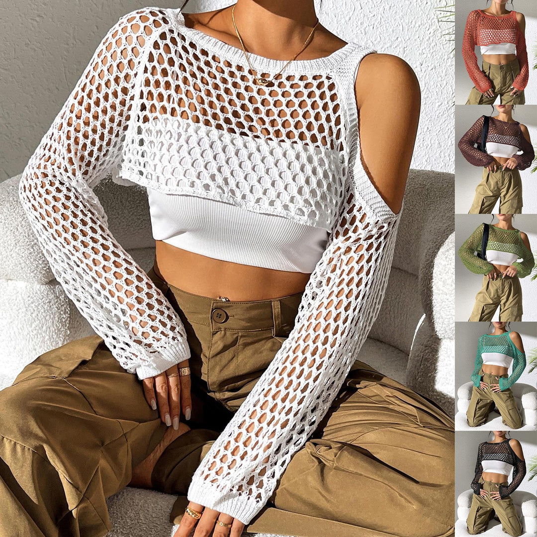 Damen Lässiger Netzpullover mit Offenen Schultern und Weitem Schnitt Echoarchiv