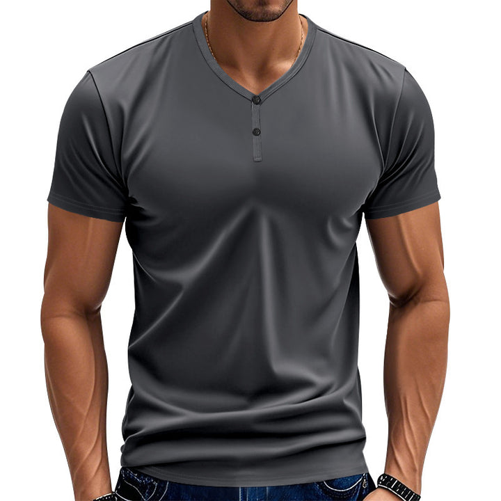 Herren Kurzarm Henley-T-Shirt mit modischem V-Ausschnitt und Knopfdetails Echoarchiv