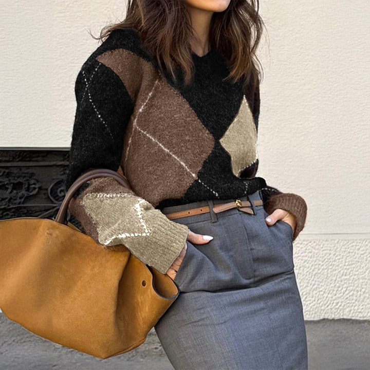 Damen oversized Argyle-Strickpullover mit kastigem Schnitt und geripptem Rundhalsausschnitt – Mavelle